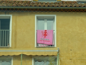 October 31, 2013<br>Spotted from a moving bus, in France - 'Bad Girls go to Spain'.  Hmm.