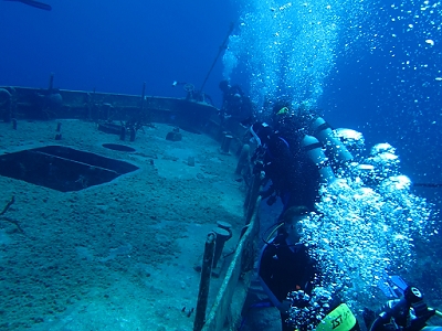 February 8, 2012<br>Getting lined up on the Austin Smith for the shark feed.