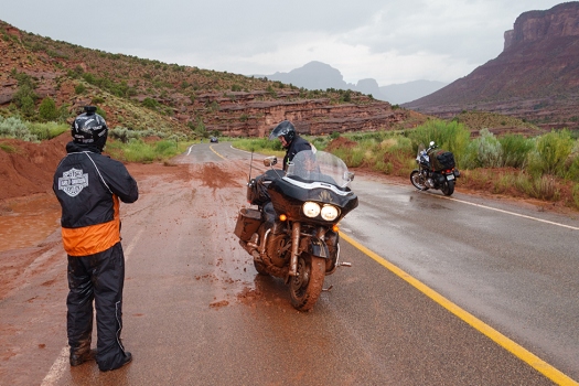 July 11, 2015<br>This poor Harley crashed coming through that red mud.  I stopped to help pick the bike up.  Nearly went down myself.  About two miles east of Gateway.