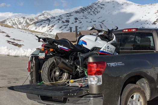 It was suggested that I ride the bike over Independence Pass while in the pickup.   The rear tire was blown out after running over something.<br>June 1, 2016