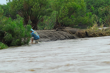 There is a croc about 8 feet behind him.