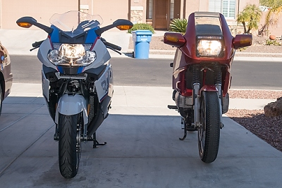 February 17, 2015<br>New 2015 K1300s next to old 1985 K100RS.  I bought both bikes new.