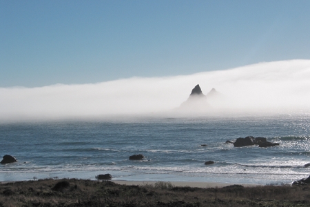 Just north of Brookings, Oregon.  Taken from the seat of a motorcycle with a 4mp Canon G2 in 2005.  Note the two people walking on the beach.