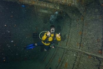 July 16, 2018<br>Divemaster inside the wreck.