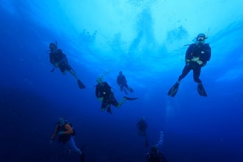 July 17, 2018<br>Three dive groups went in off the boat.  All stay together due to currents and surface conditions.  All divers had to have safety sausages (a signaling device) in case they got swept away on the surface and had to be found.  Here is my dive group staying together.