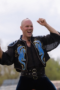 April 1, 2018<br>Removing a bottle cap from his head with a flaming whip.