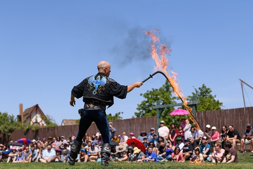 March 31, 2019<br>At the end of his show, Adam Crack pours gasoline on a whip and sets it on fire.