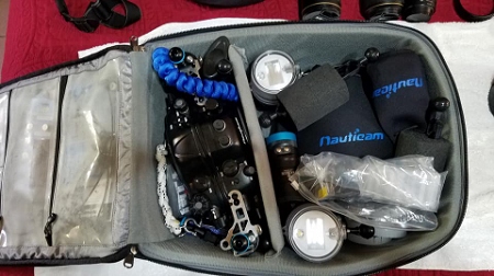 Closer view of parts stuffed in the roller bag. This bag, from Thinktank, is similar to my Thinktank backpack. Both have same external dimensions and will fit under an airplace seat. But the handles and wheels on the roller bag take a lot of usable space. For sure a lot more gear would fit in the backpack - but then I'd have to carry it everywhere.